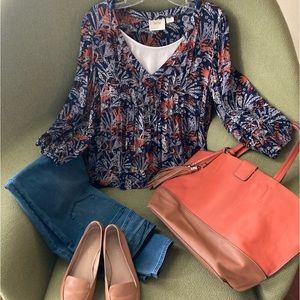 Anthropologie Navy/Orange Print V-Neck Blouse